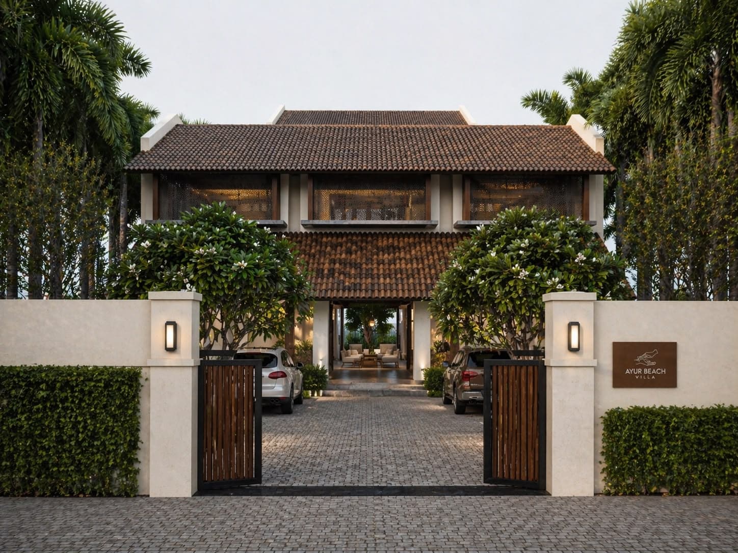 Eingangstor der Ayur Beach Villa mit beleuchtetem Schild