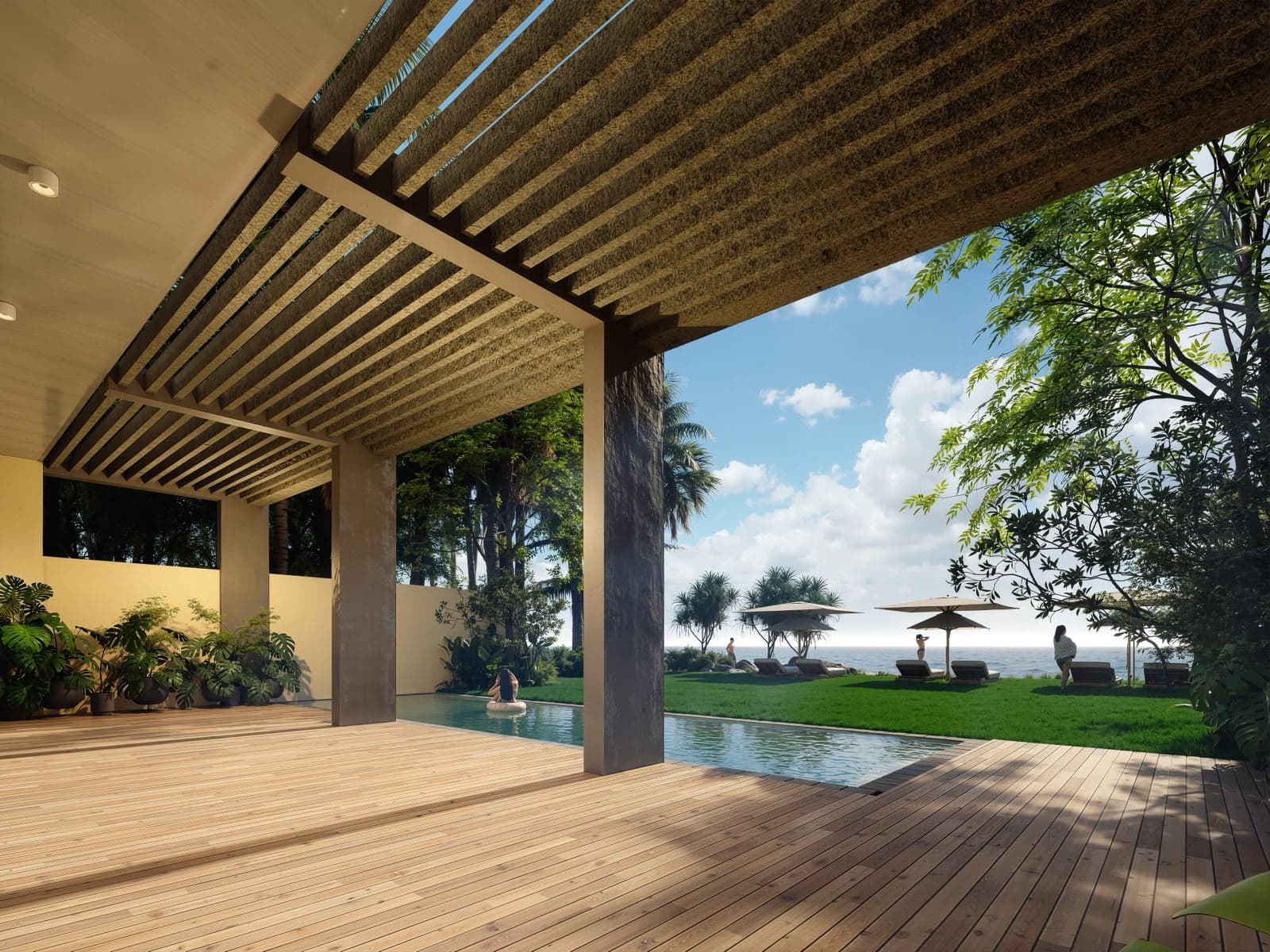 Überdachte Pool-Terrasse mit Blick auf den Ozean