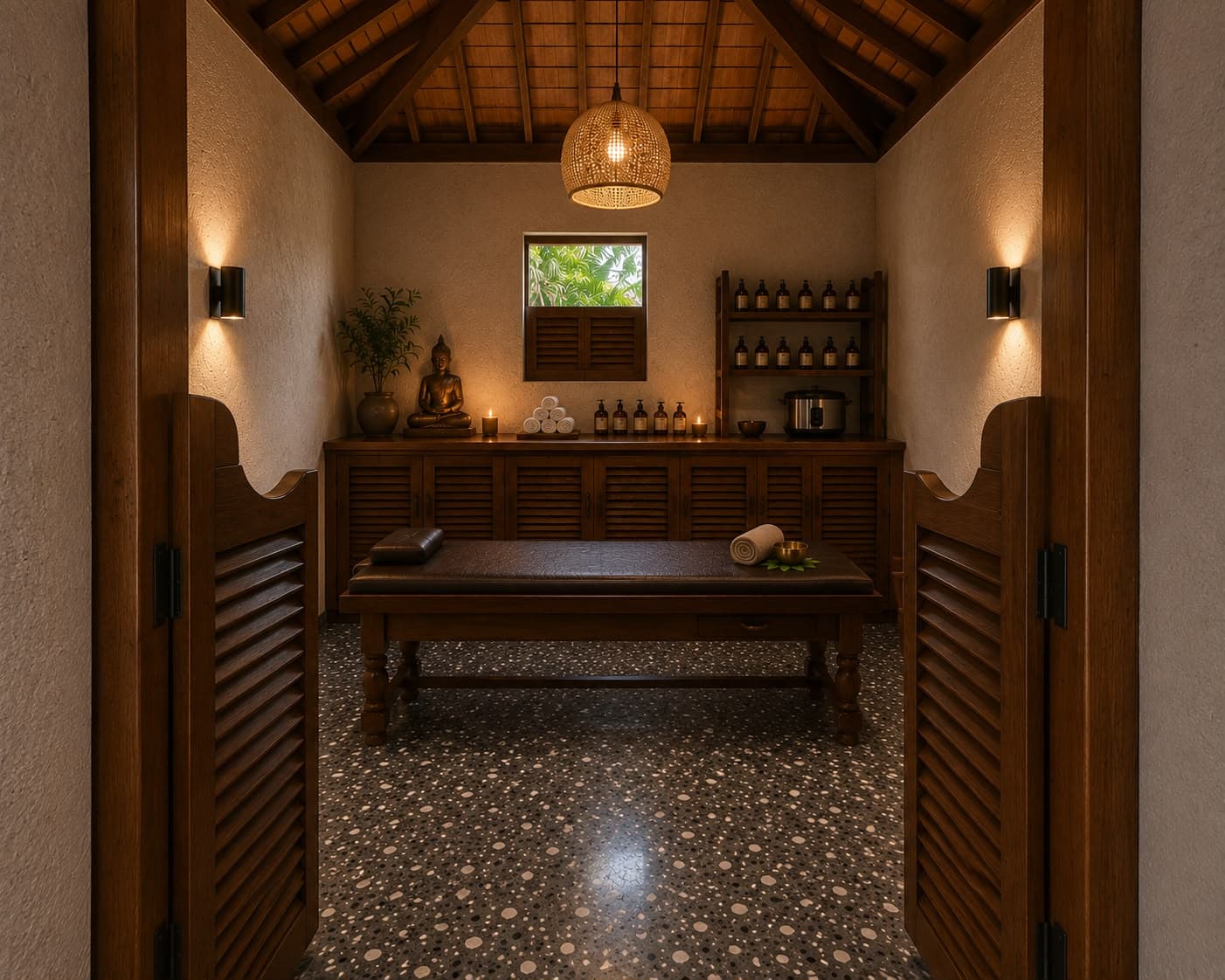 Ayurvedischer Behandlungsraum mit Massageliege und Buddha-Statue